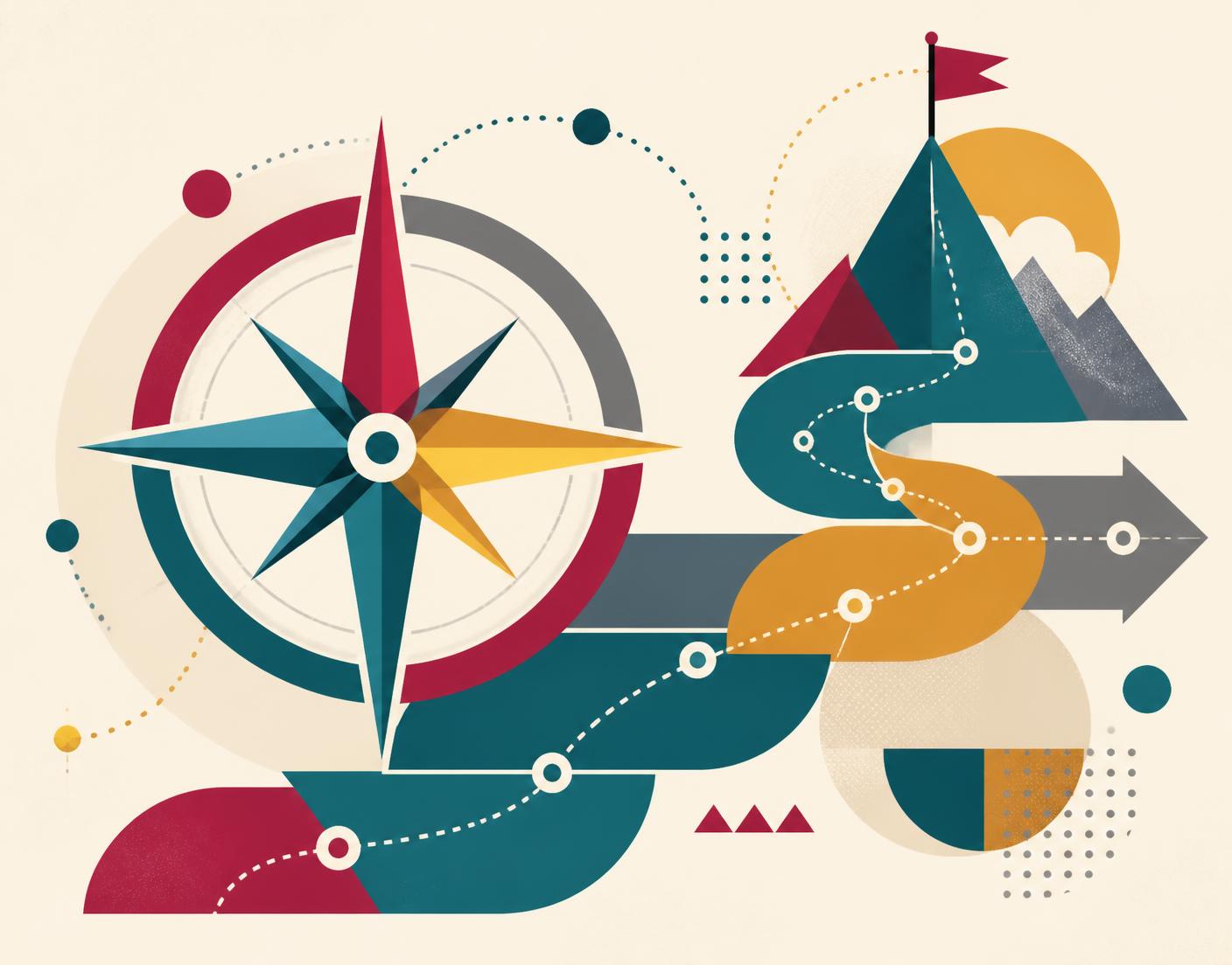 Illustration of a compass and a winding roadmap leading to a summit flag