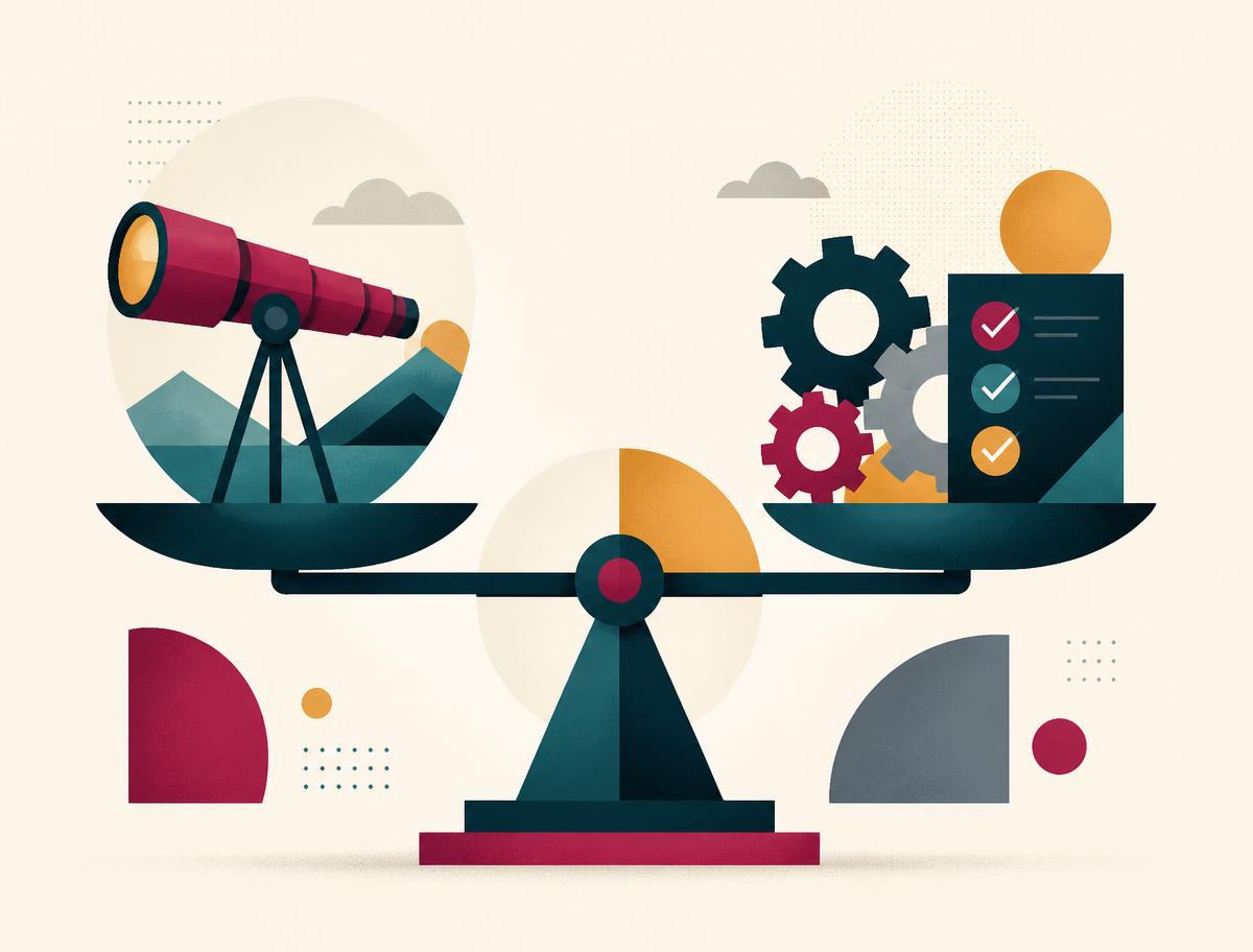 Illustration of a balance scale weighing long-term strategy against day-to-day execution